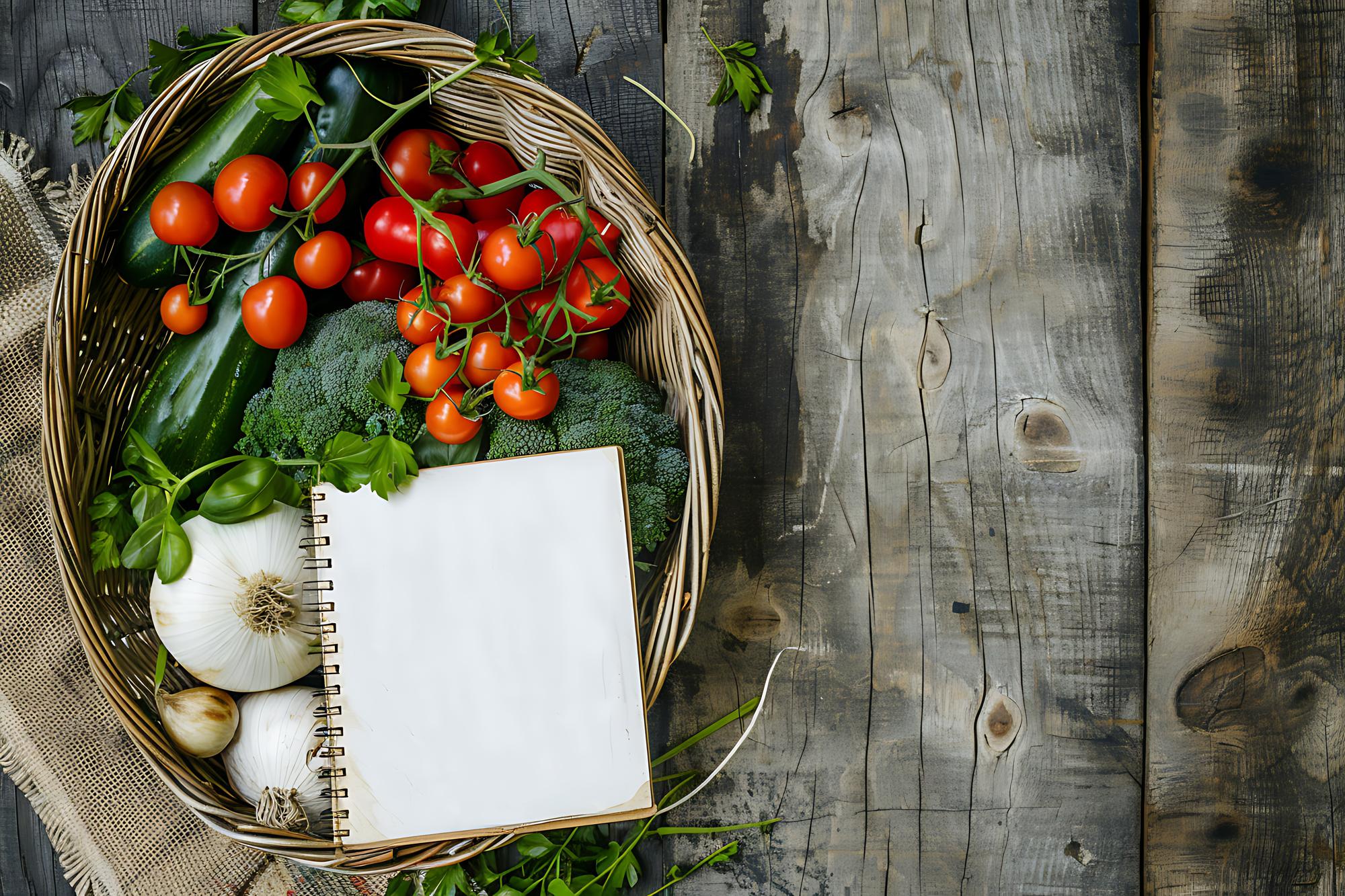 wooden table with vegetables and a notebook